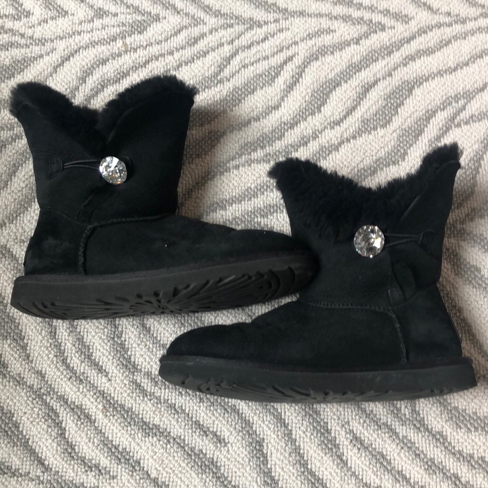 UGG Black Shearling Lined Ankle Boots with Crystal Button